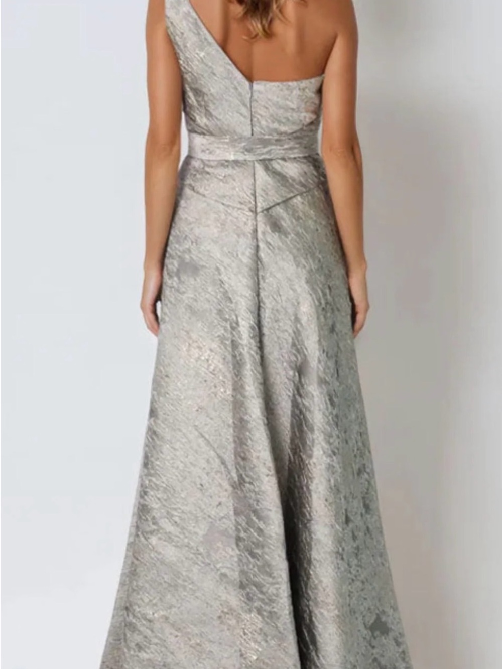 NWT Rene Ruiz One-Shoulder Silver Metallic Evening Gown with Waist Tie - Picture 3 of 7